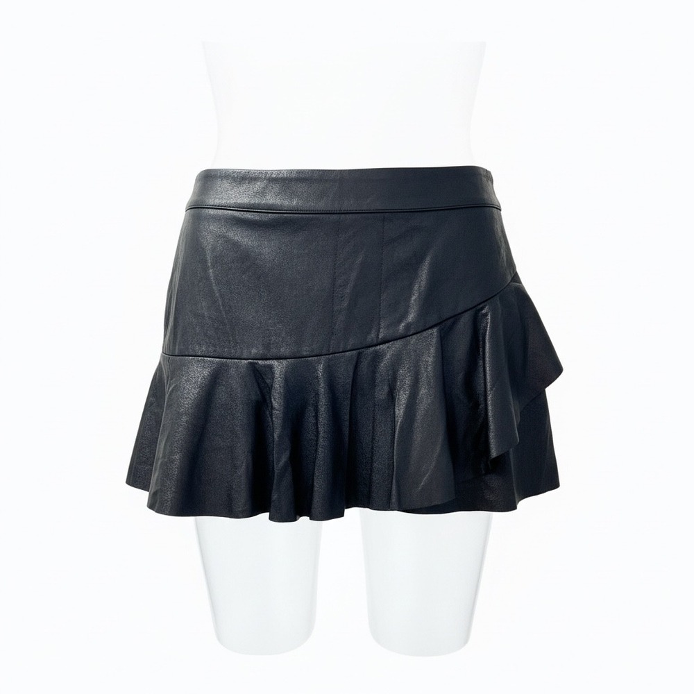 Y2K Black Faux Leather Ruffle Skirt Mini Flirty Flounce Skater Skirt Moto Grunge